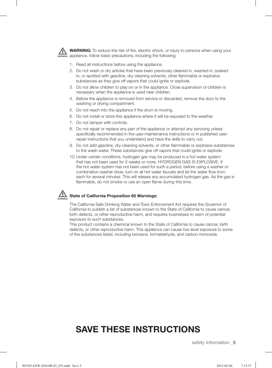 Save these instructions | Samsung WF501ANW-XAA User Manual | Page 5 / 132