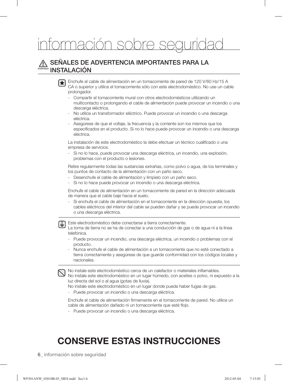 Información sobre seguridad, Conserve estas instrucciones | Samsung WF501ANW-XAA User Manual | Page 50 / 132