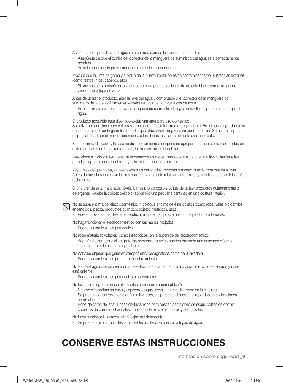 Conserve estas instrucciones | Samsung WF501ANW-XAA User Manual | Page 53 / 132