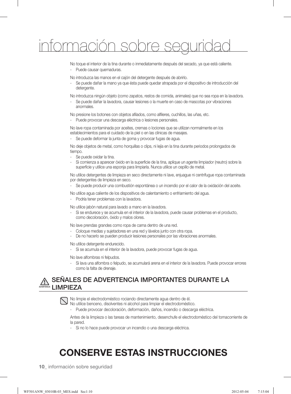 Información sobre seguridad, Conserve estas instrucciones | Samsung WF501ANW-XAA User Manual | Page 54 / 132