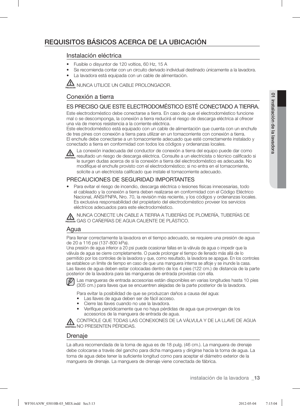 Requisitos básicos acerca de la ubicación, Instalación eléctrica, Conexión a tierra | Agua, Drenaje | Samsung WF501ANW-XAA User Manual | Page 57 / 132