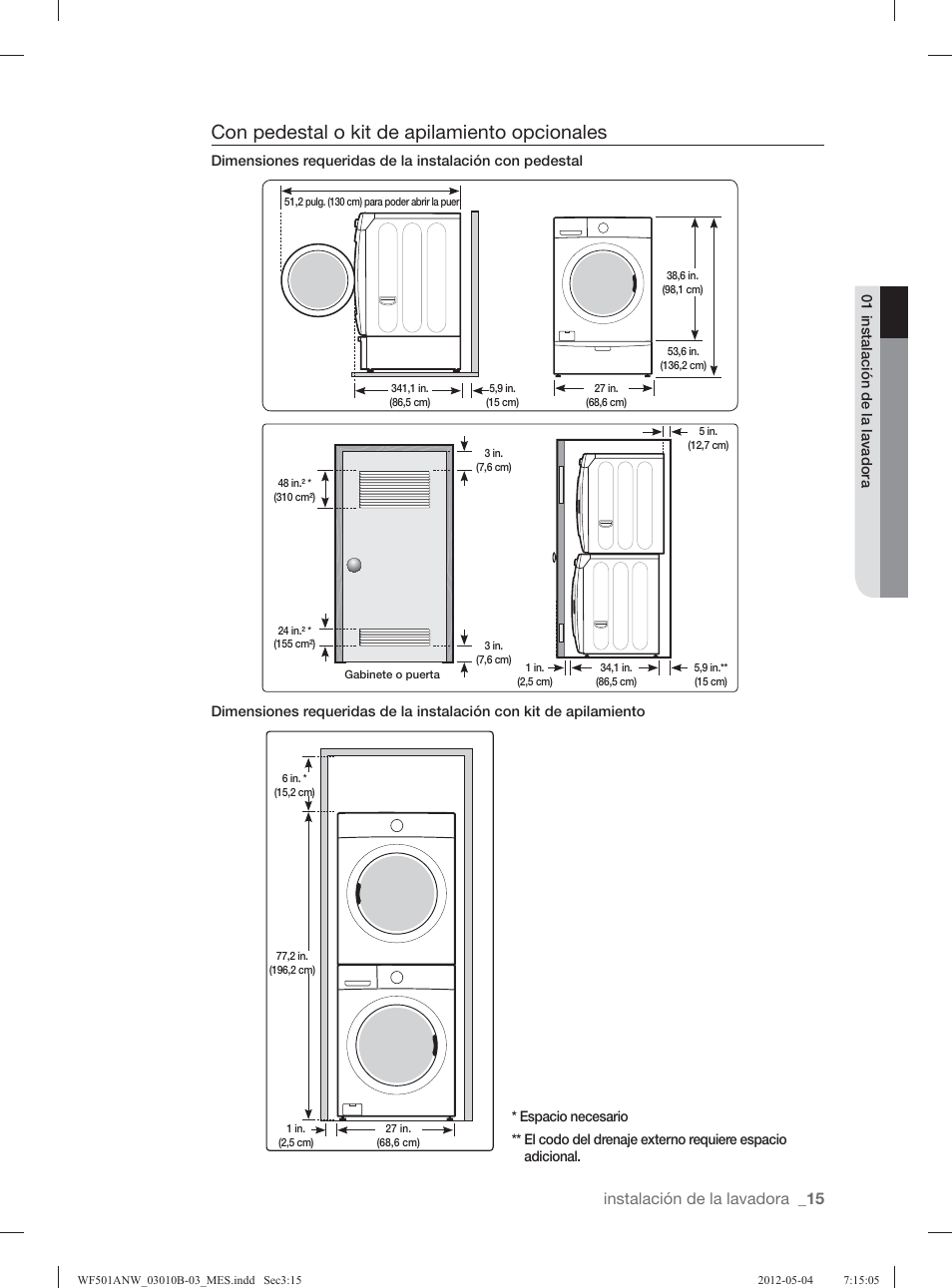 Con pedestal o kit de apilamiento opcionales, Instalación de la lavadora | Samsung WF501ANW-XAA User Manual | Page 59 / 132