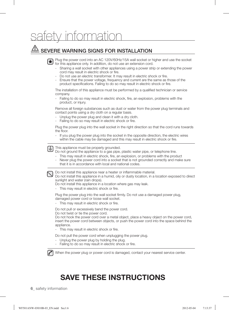 Safety information, Save these instructions, Severe warning signs for installation | Samsung WF501ANW-XAA User Manual | Page 6 / 132