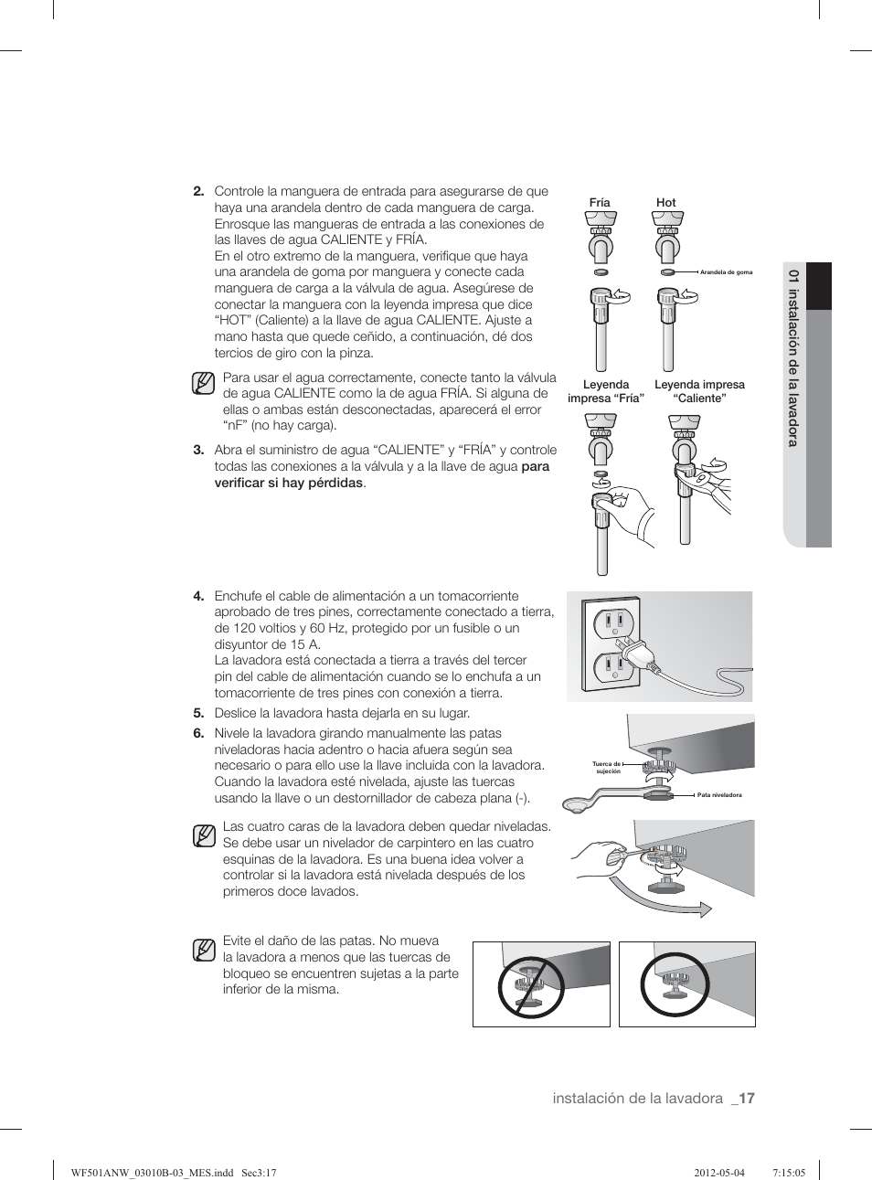 Instalación de la lavadora | Samsung WF501ANW-XAA User Manual | Page 61 / 132