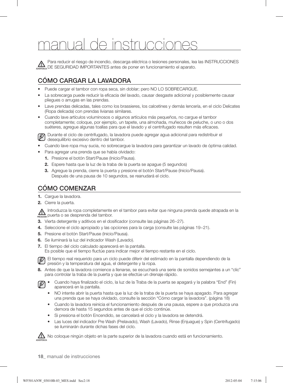 Manual de instrucciones, Cómo cargar la lavadora, Cómo comenzar | Samsung WF501ANW-XAA User Manual | Page 62 / 132