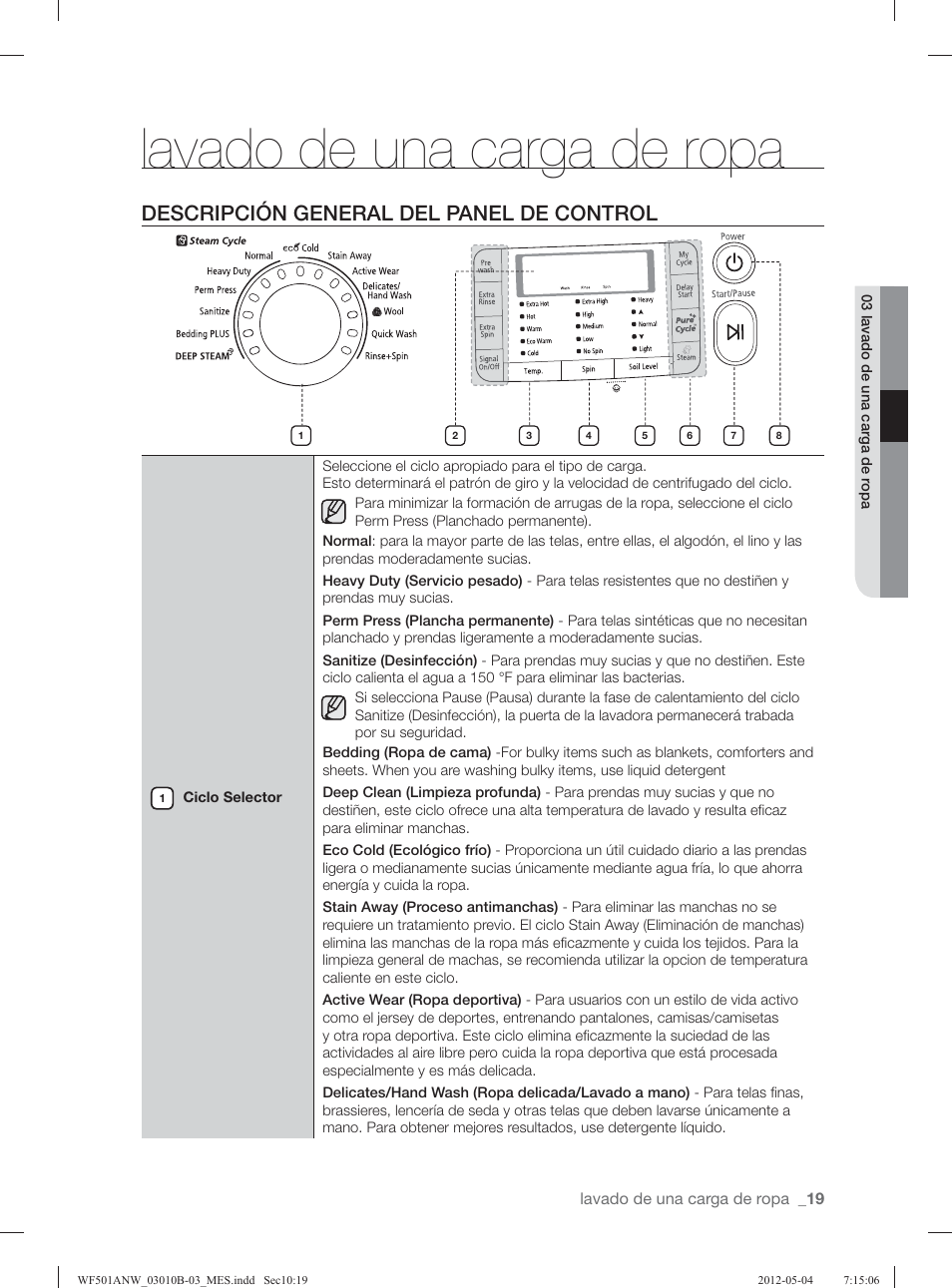 Lavado de una carga de ropa, Descripción general del panel de control | Samsung WF501ANW-XAA User Manual | Page 63 / 132