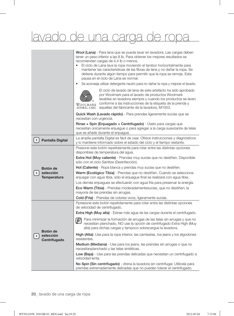 Lavado de una carga de ropa | Samsung WF501ANW-XAA User Manual | Page 64 / 132