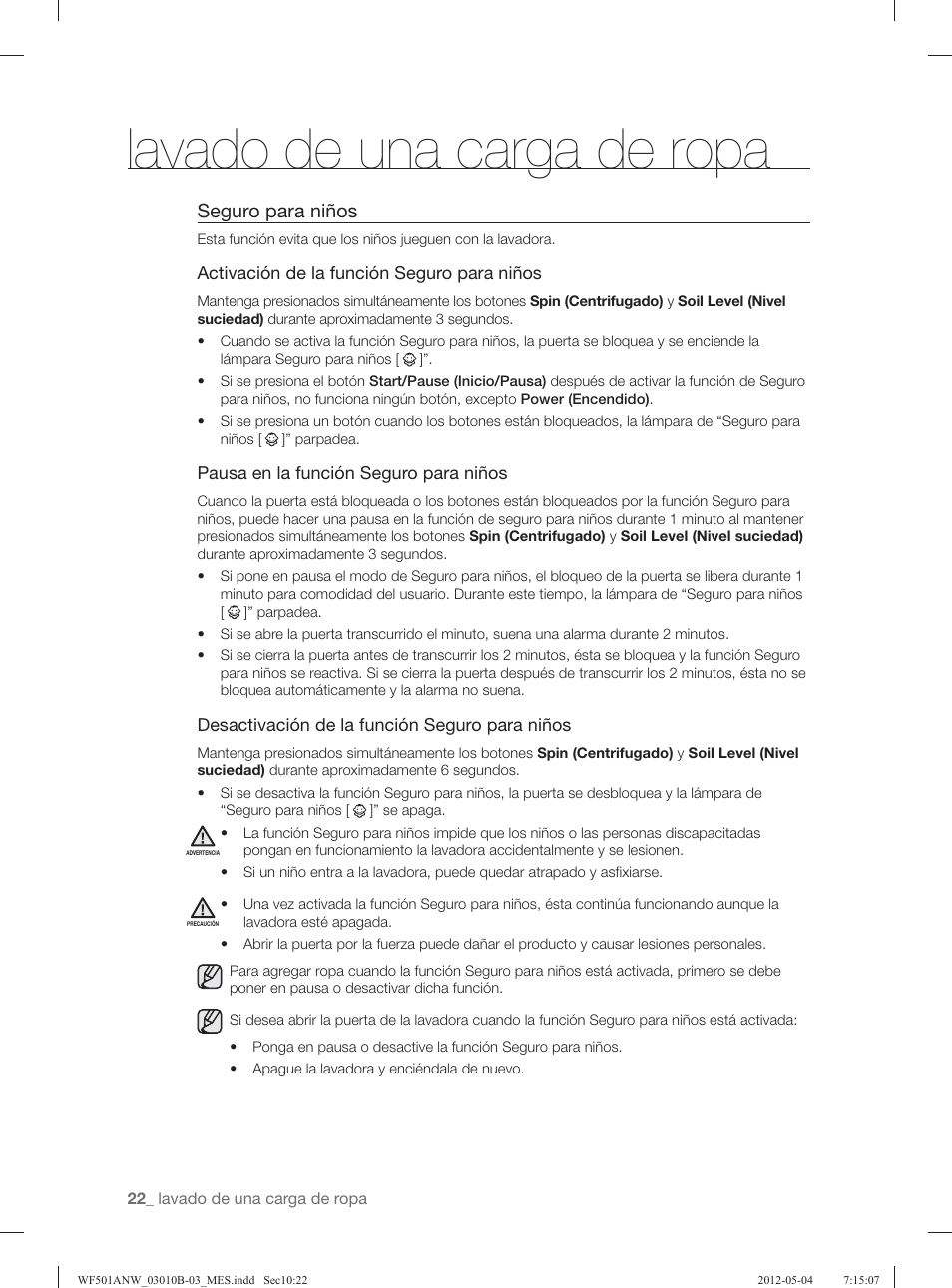 Lavado de una carga de ropa, Seguro para niños | Samsung WF501ANW-XAA User Manual | Page 66 / 132