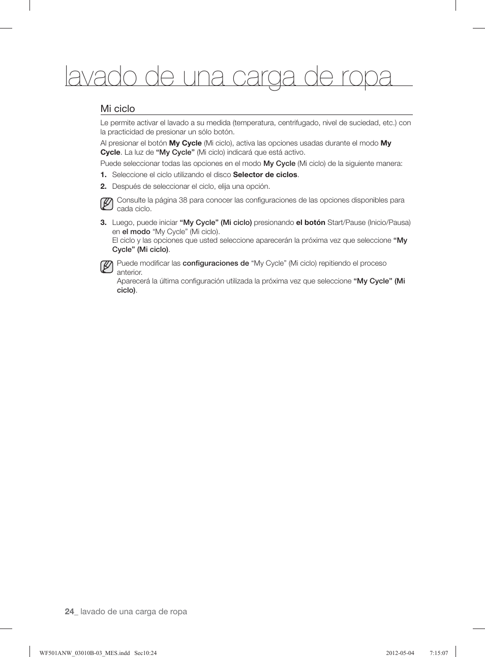 Lavado de una carga de ropa | Samsung WF501ANW-XAA User Manual | Page 68 / 132