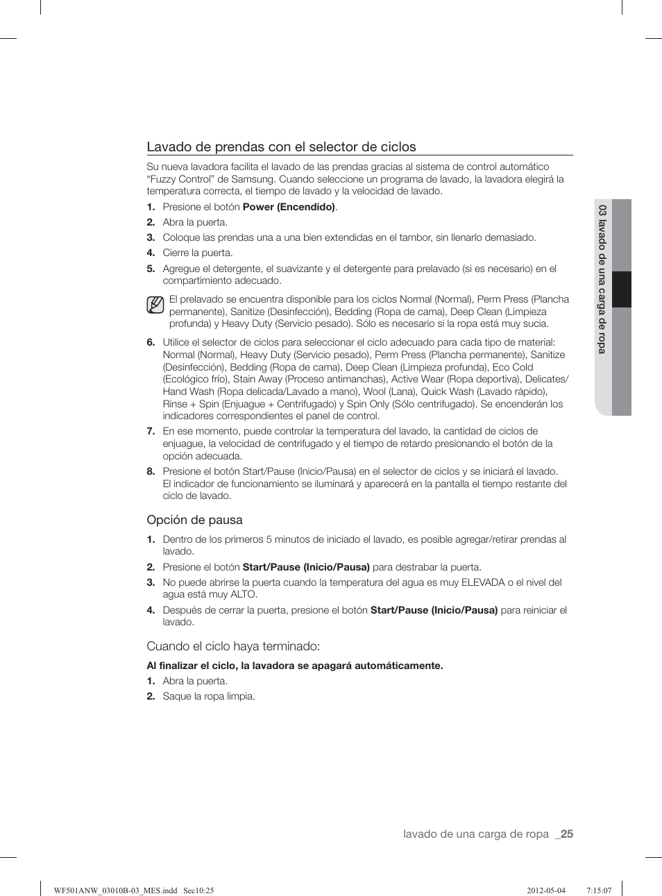 Lavado de prendas con el selector de ciclos | Samsung WF501ANW-XAA User Manual | Page 69 / 132