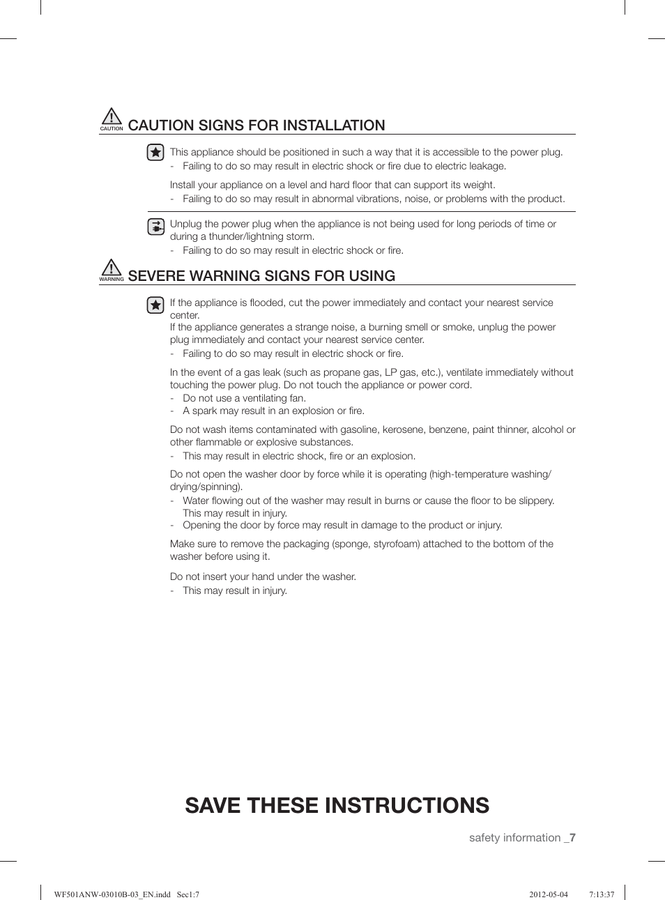 Save these instructions, Caution signs for installation, Severe warning signs for using | Samsung WF501ANW-XAA User Manual | Page 7 / 132