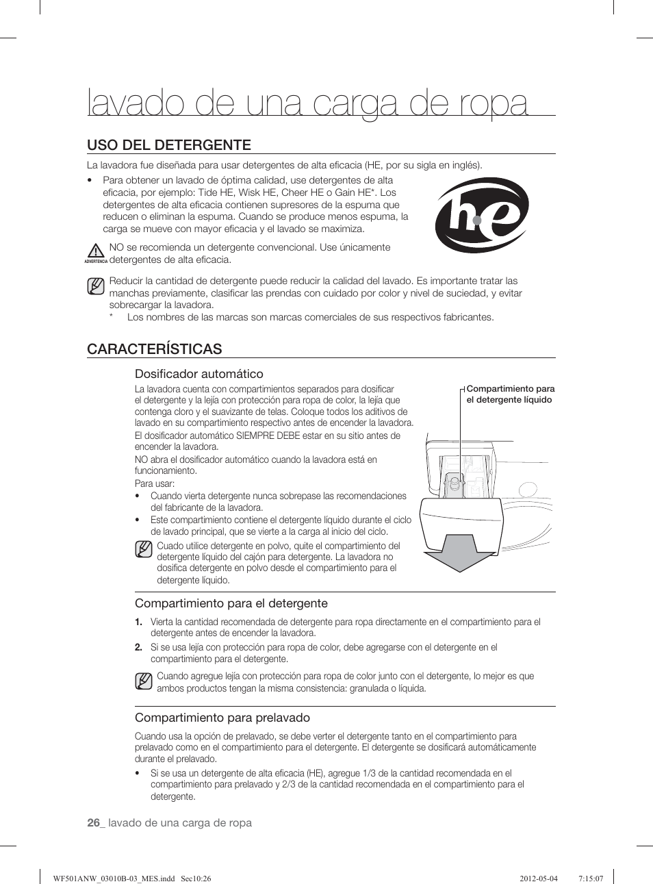 Lavado de una carga de ropa, Uso del detergente, Características | Samsung WF501ANW-XAA User Manual | Page 70 / 132