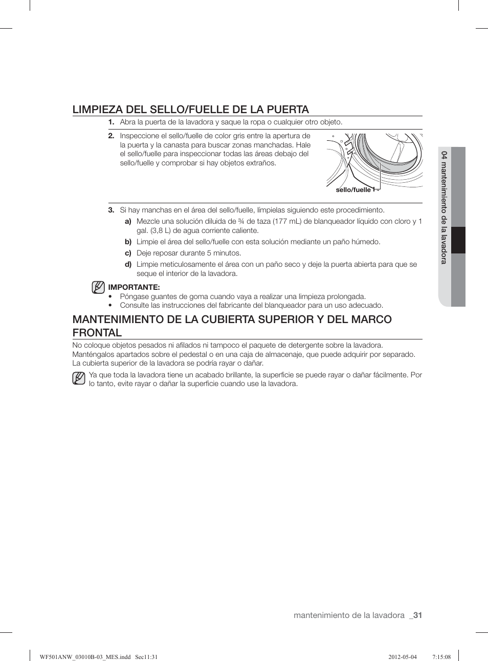 Limpieza del sello/fuelle de la puerta | Samsung WF501ANW-XAA User Manual | Page 75 / 132