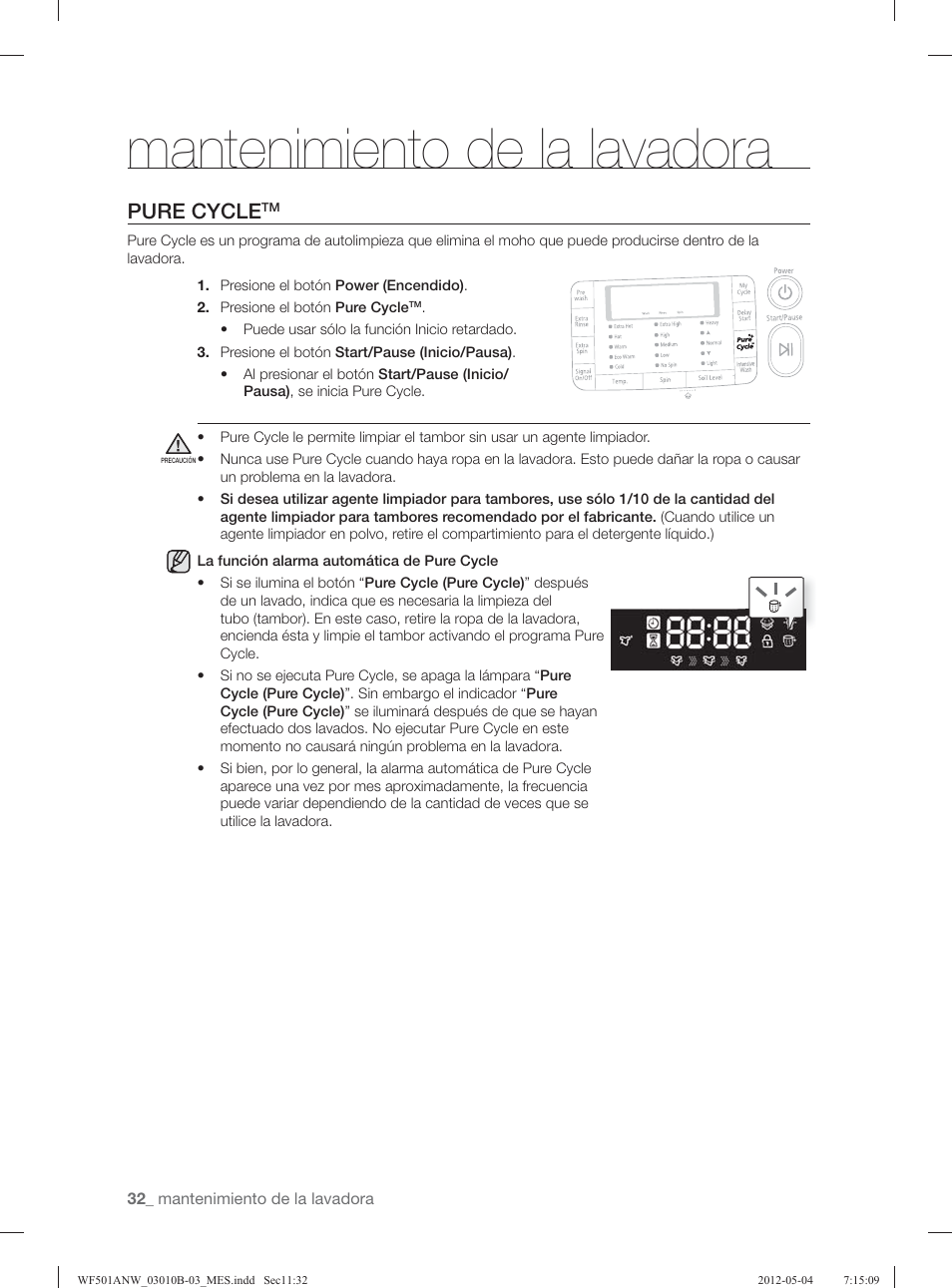 Mantenimiento de la lavadora, Pure cycle | Samsung WF501ANW-XAA User Manual | Page 76 / 132