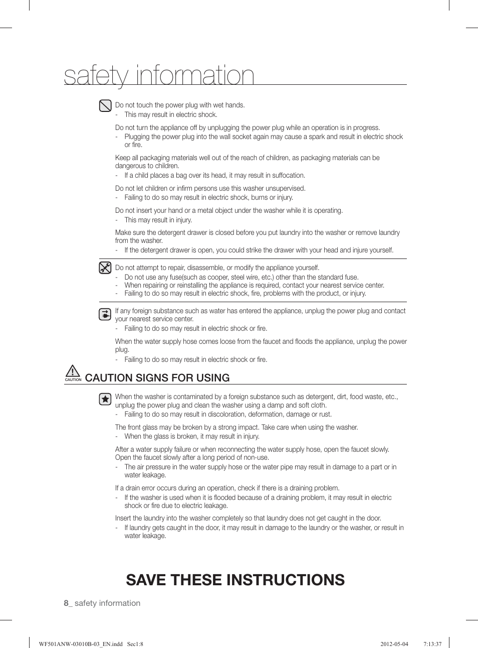 Safety information, Save these instructions, Caution signs for using | Samsung WF501ANW-XAA User Manual | Page 8 / 132