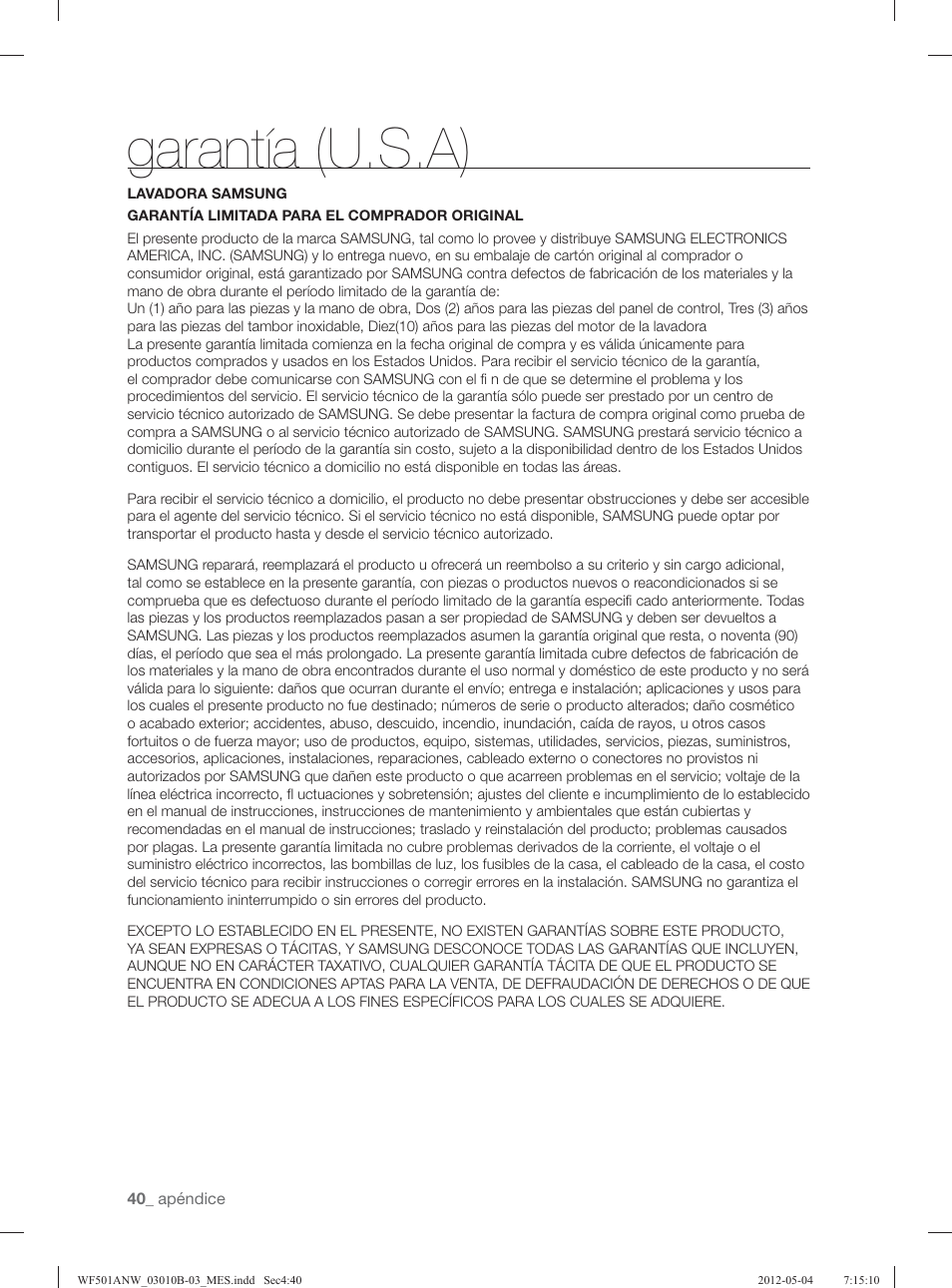 Garantía (u.s.a) | Samsung WF501ANW-XAA User Manual | Page 84 / 132