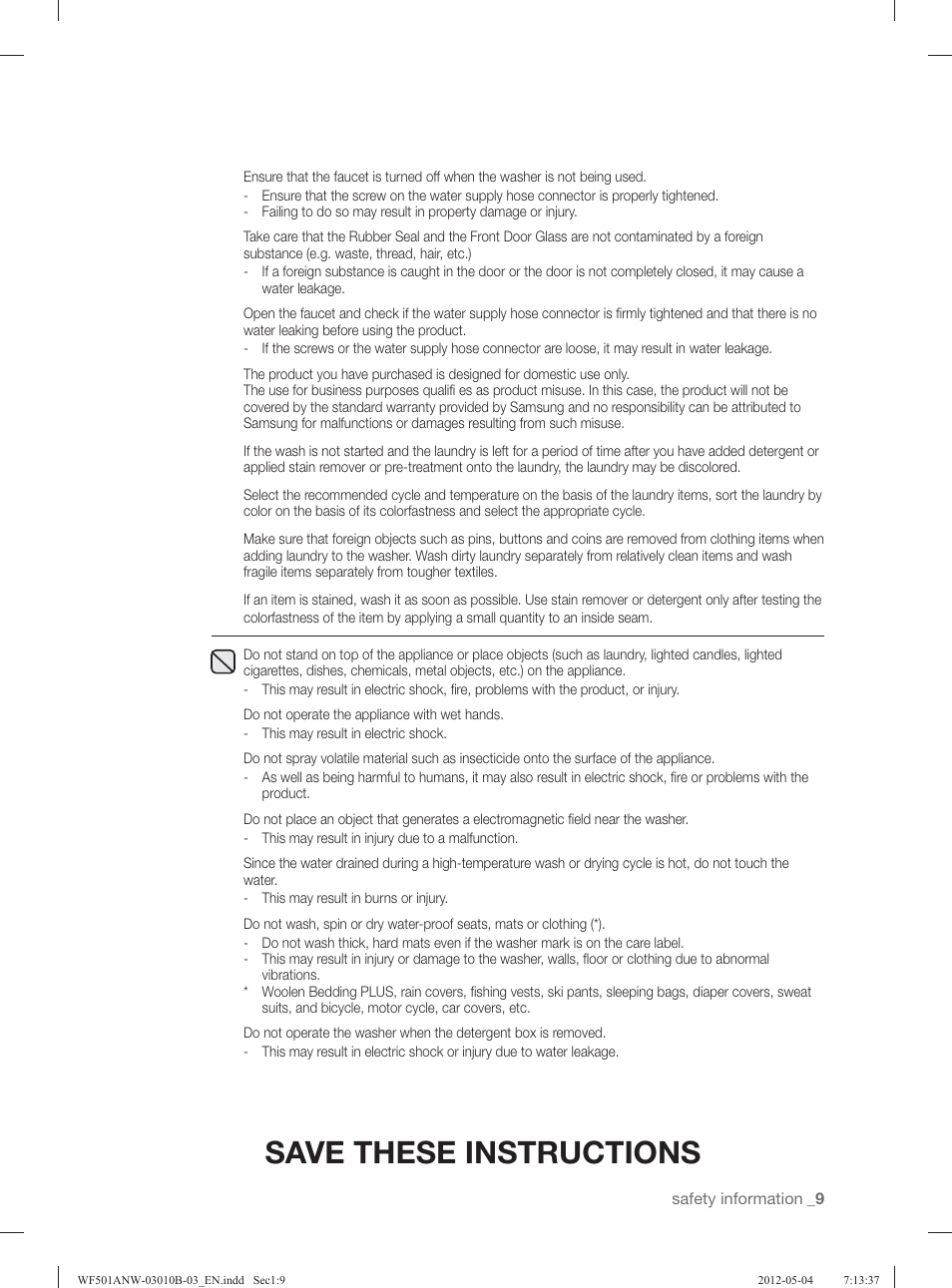 Save these instructions | Samsung WF501ANW-XAA User Manual | Page 9 / 132