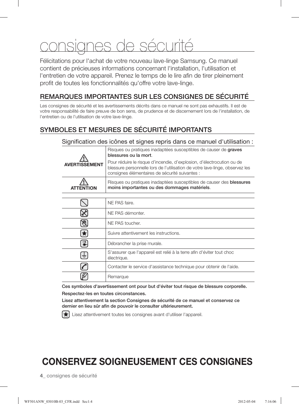 Consignes de sécurité, Conservez soigneusement ces consignes, Symboles et mesures de sécurité importants | Samsung WF501ANW-XAA User Manual | Page 92 / 132