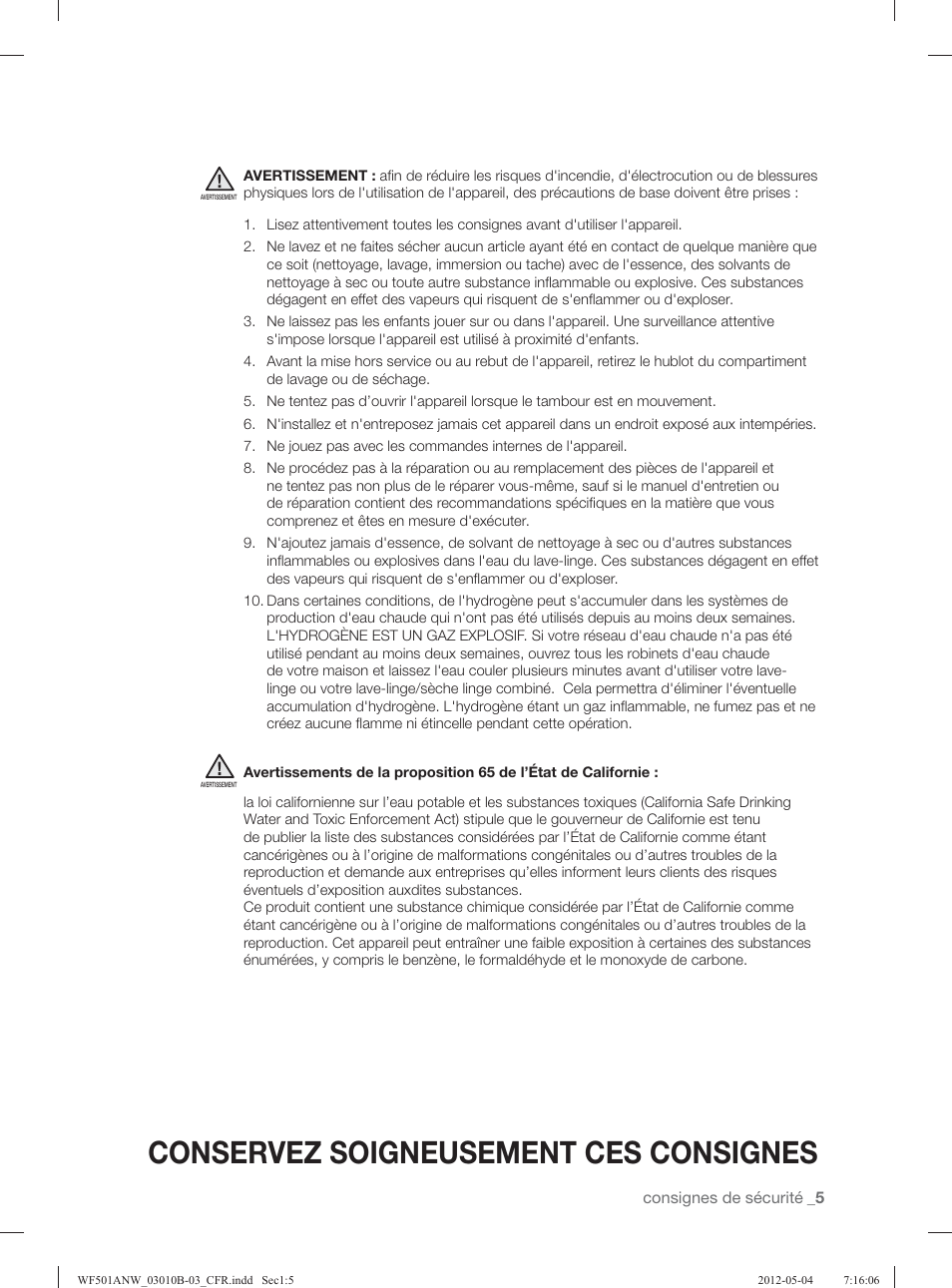 Conservez soigneusement ces consignes | Samsung WF501ANW-XAA User Manual | Page 93 / 132