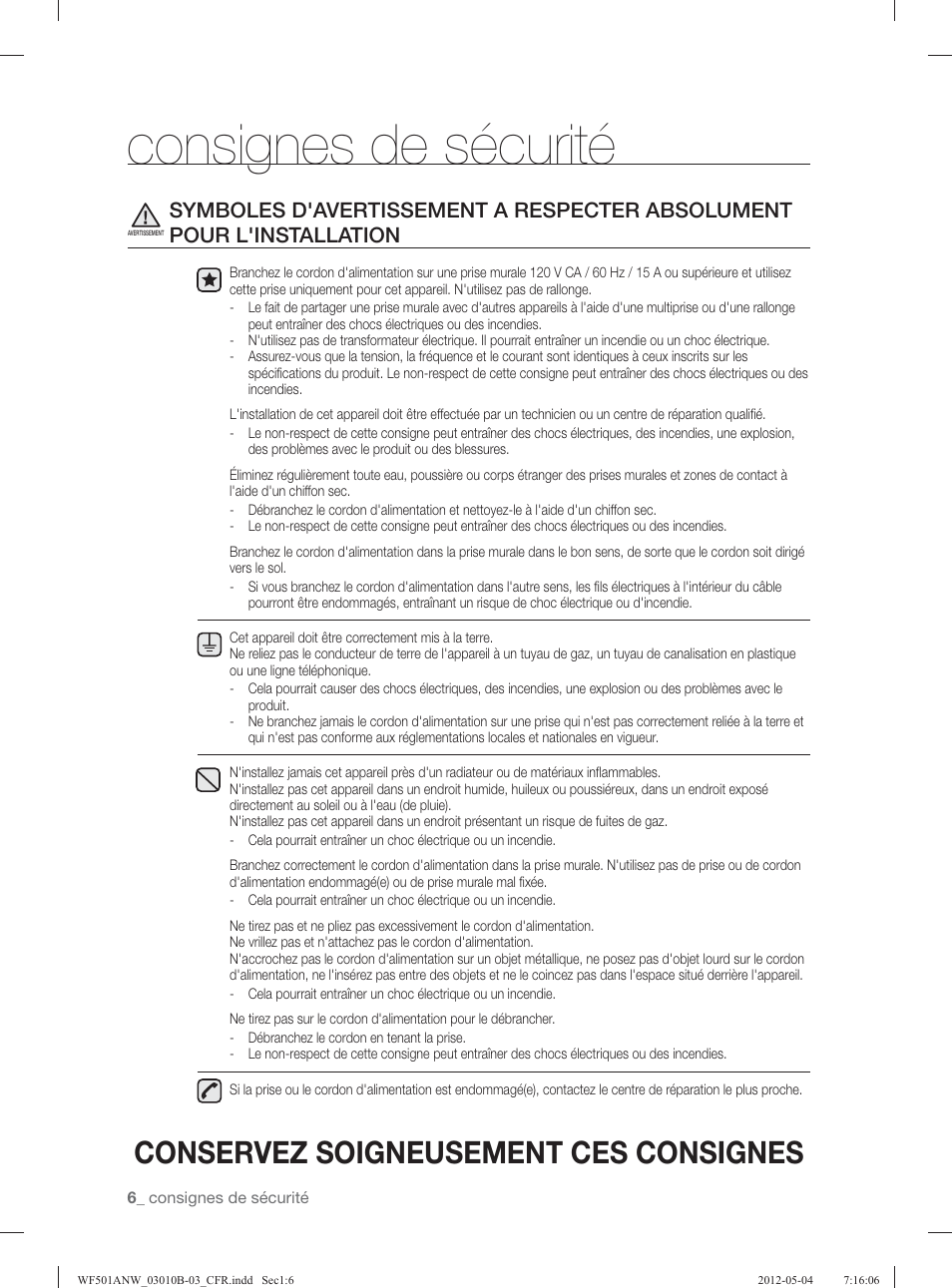 Consignes de sécurité, Conservez soigneusement ces consignes | Samsung WF501ANW-XAA User Manual | Page 94 / 132