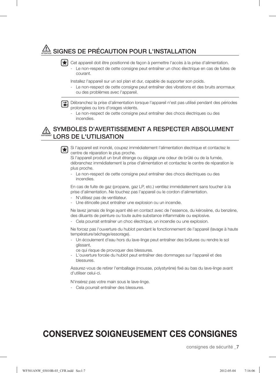 Conservez soigneusement ces consignes, Signes de précaution pour l'installation | Samsung WF501ANW-XAA User Manual | Page 95 / 132