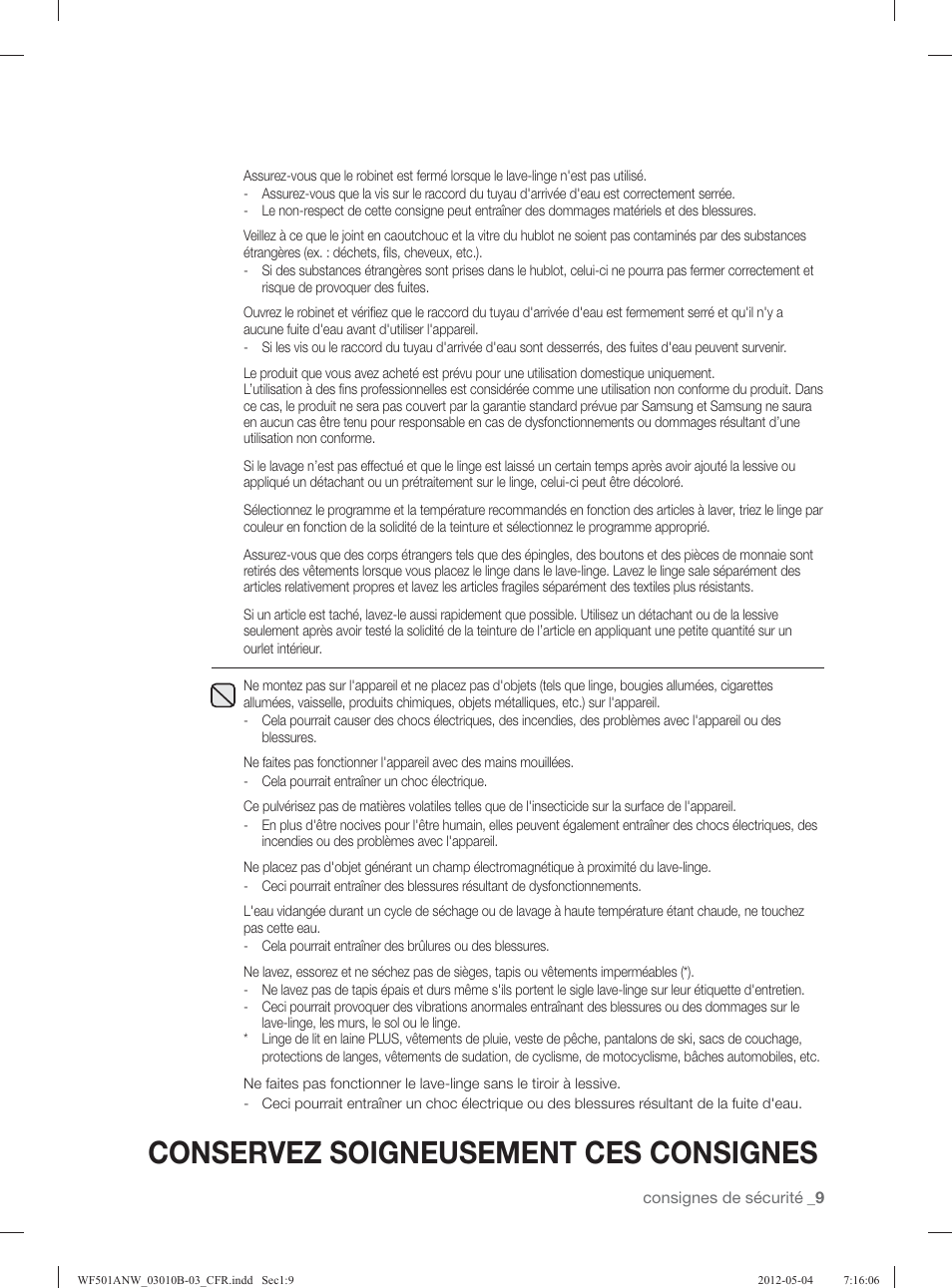 Conservez soigneusement ces consignes | Samsung WF501ANW-XAA User Manual | Page 97 / 132