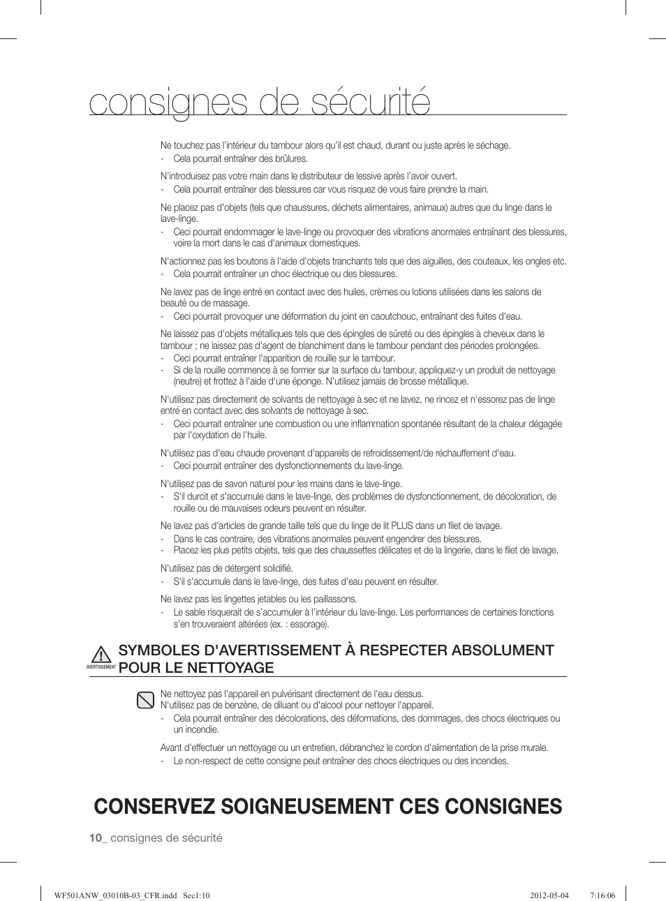 Consignes de sécurité, Conservez soigneusement ces consignes | Samsung WF501ANW-XAA User Manual | Page 98 / 132