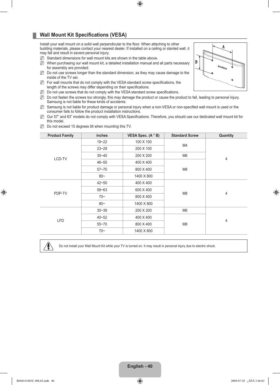 Wall mount kit specifications (vesa) | Samsung LN32B550K1FXZA User Manual | Page 42 / 101