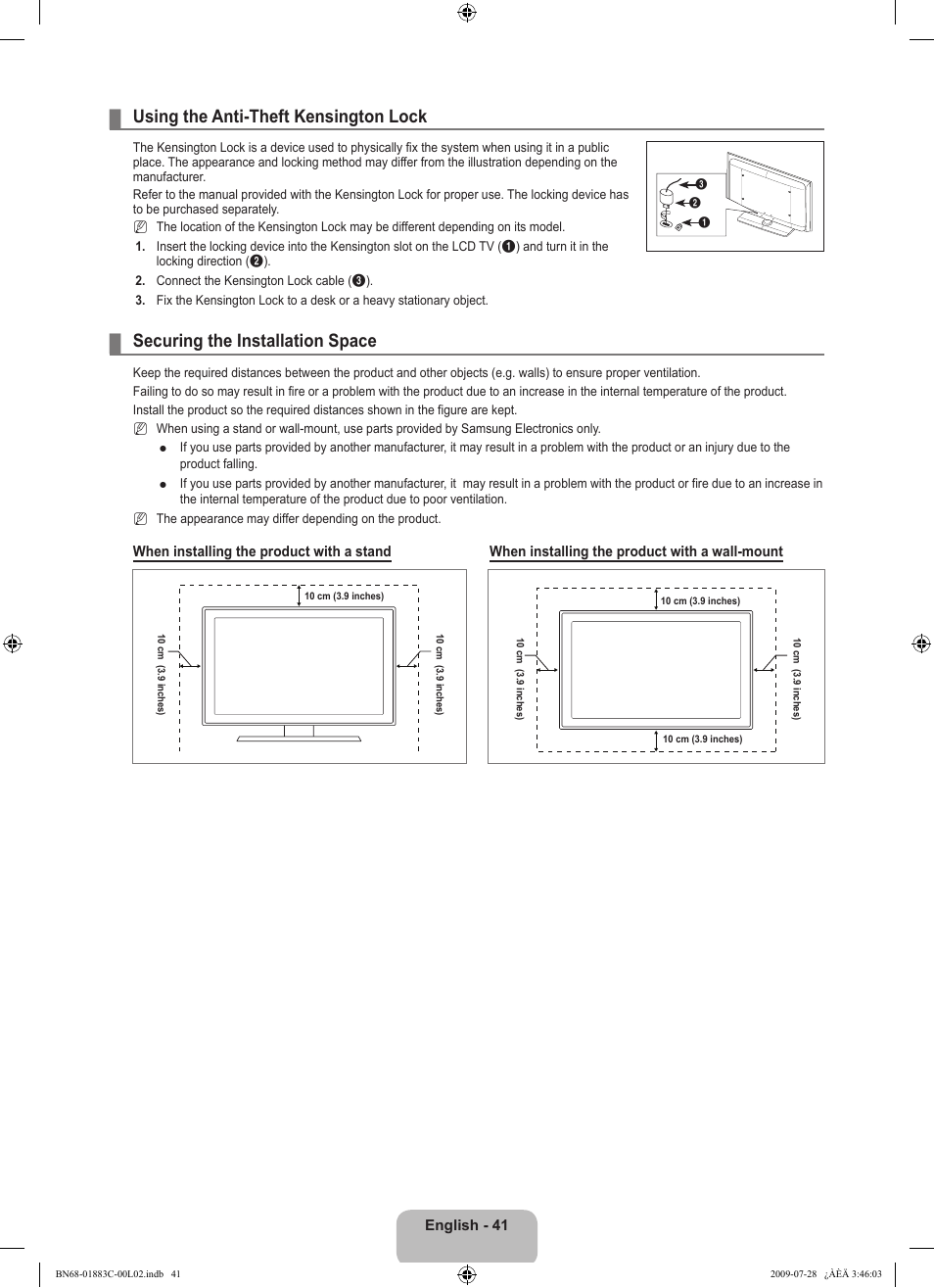 Using the anti-theft kensington lock, Securing the installation space | Samsung LN32B550K1FXZA User Manual | Page 43 / 101