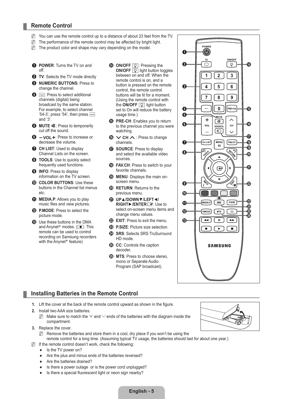 Remote control, Installing batteries in the remote control | Samsung LN32B550K1FXZA User Manual | Page 7 / 101