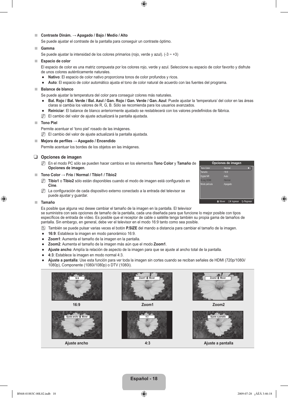 Español - 18, Opciones de imagen | Samsung LN32B550K1FXZA User Manual | Page 70 / 101