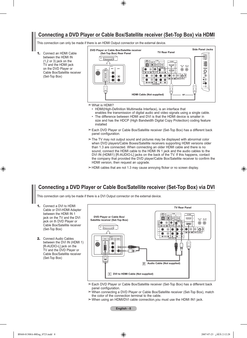 Connecting a dvd player or cable box/satellite, Receiver (set-top box) via hdmi, Receiver (set-top box) via dvi | Samsung LNT4081FX-XAA User Manual | Page 10 / 283
