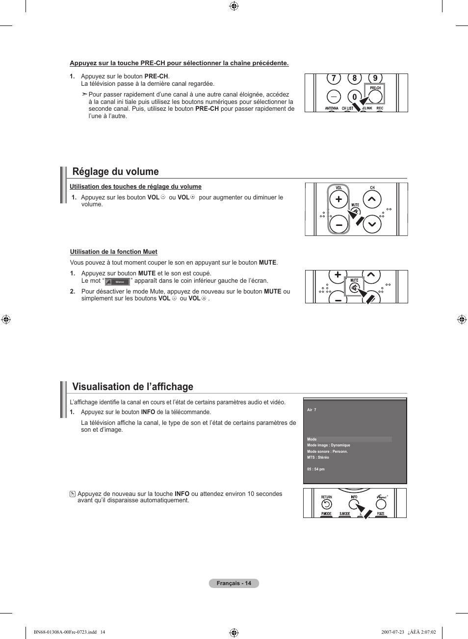 Réglage du volume, Visualisation de l’affichage | Samsung LNT4081FX-XAA User Manual | Page 110 / 283