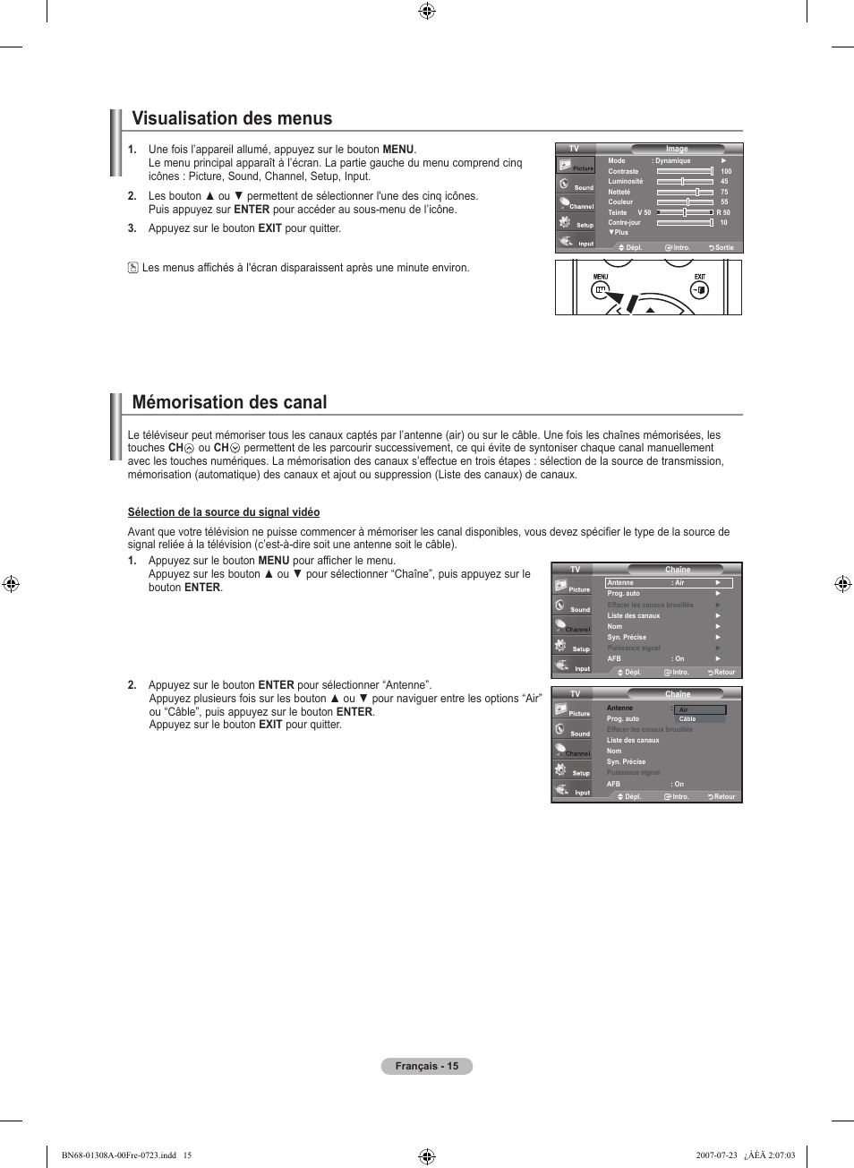 Visualisation des menus, Mémorisation des canal | Samsung LNT4081FX-XAA User Manual | Page 111 / 283