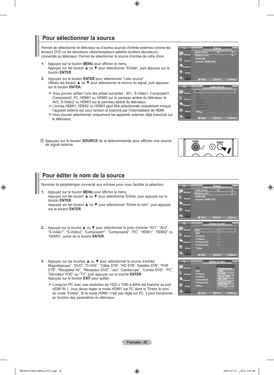 Pour sélectionner la source, Pour éditer le nom de la source | Samsung LNT4081FX-XAA User Manual | Page 118 / 283