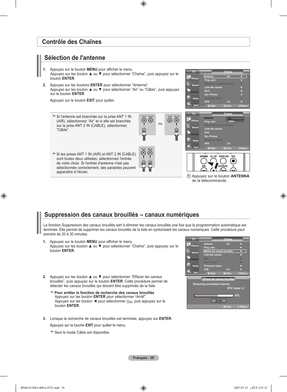 Contrôle des chaînes sélection de l'antenne | Samsung LNT4081FX-XAA User Manual | Page 135 / 283