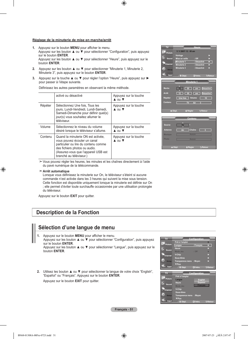 Sélection d’une langue de menu, Description de la fonction | Samsung LNT4081FX-XAA User Manual | Page 147 / 283