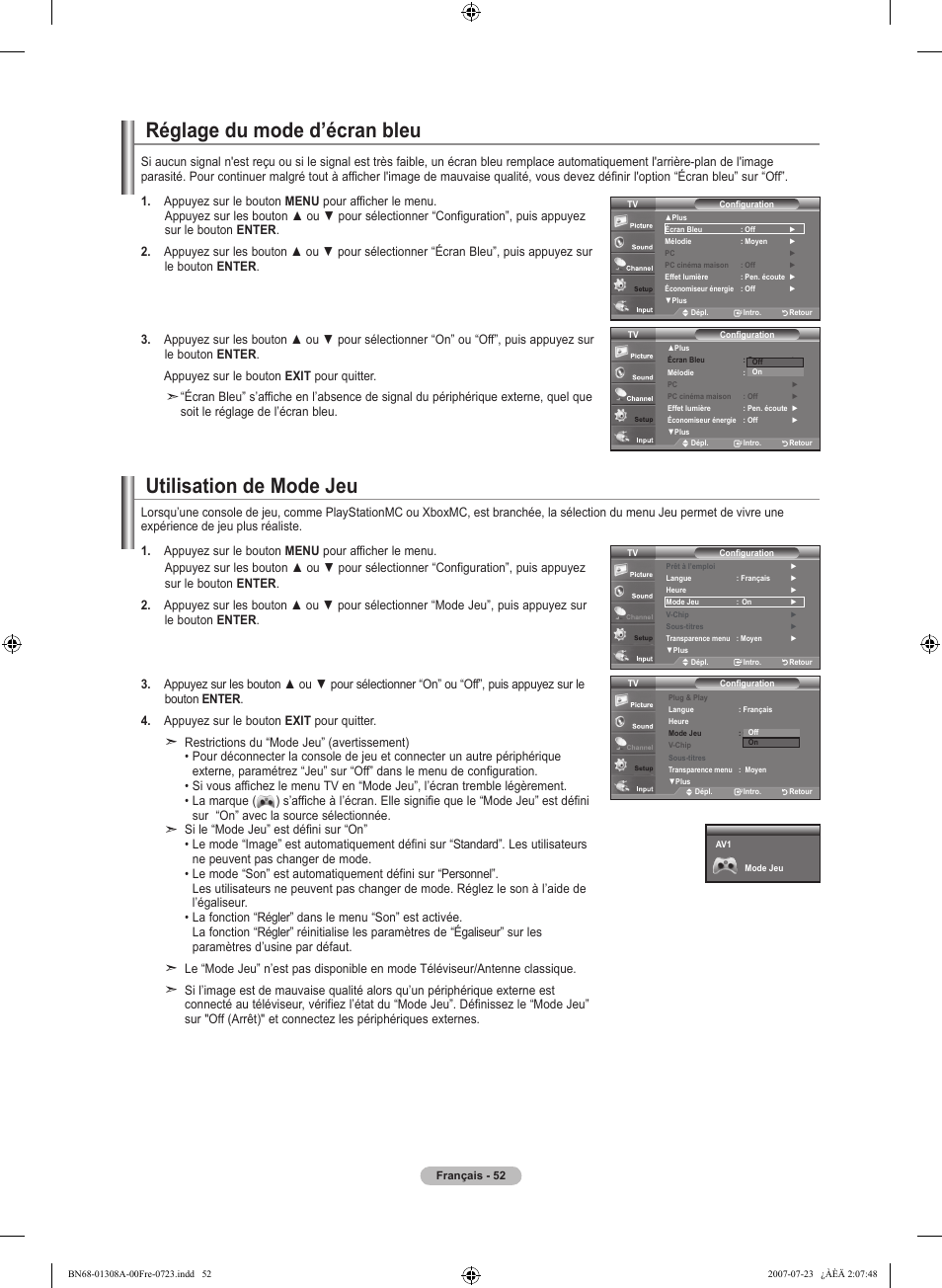 Réglage du mode d’écran bleu, Utilisation de mode jeu | Samsung LNT4081FX-XAA User Manual | Page 148 / 283