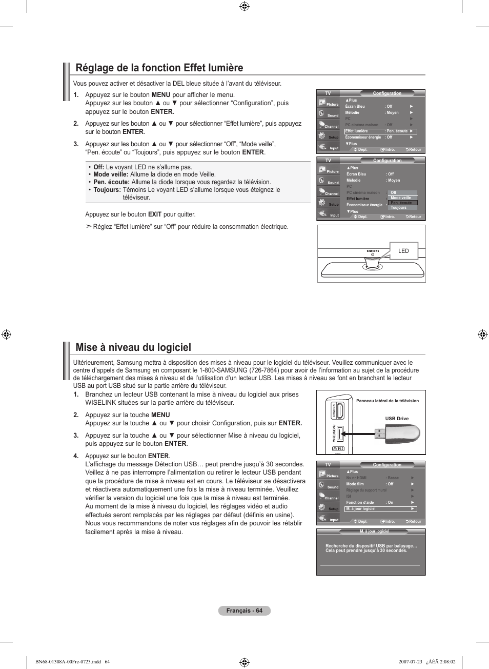 Mise à niveau du logiciel, Réglage de la fonction effet lumière | Samsung LNT4081FX-XAA User Manual | Page 160 / 283