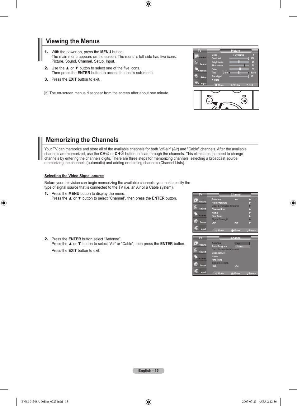 Viewing the menus, Memorizing the channels | Samsung LNT4081FX-XAA User Manual | Page 17 / 283