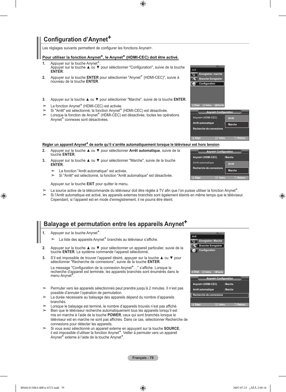 Configuration d’anynet, Balayage et permutation entre les appareils anynet | Samsung LNT4081FX-XAA User Manual | Page 175 / 283