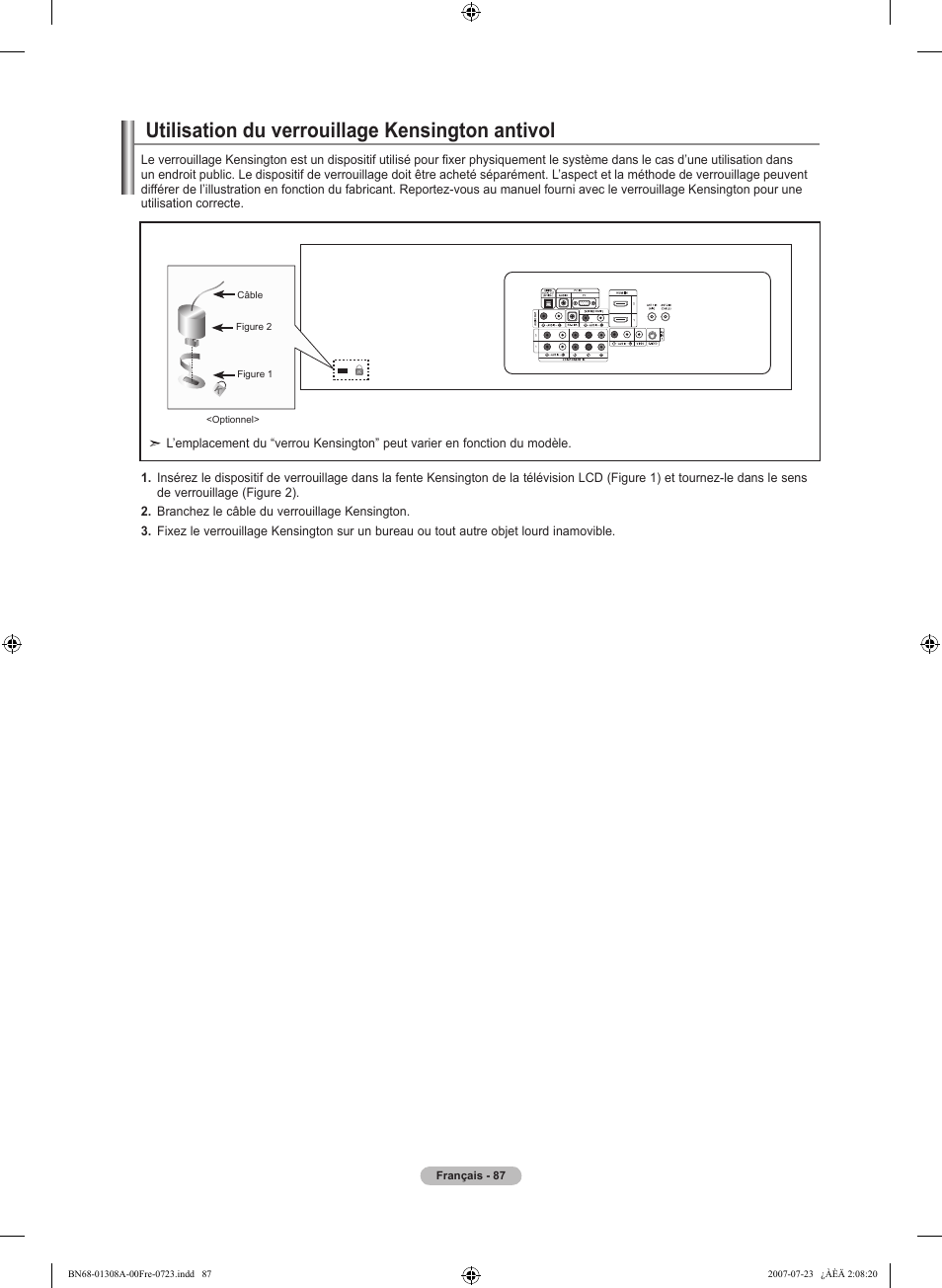 Utilisation du verrouillage kensington antivol | Samsung LNT4081FX-XAA User Manual | Page 183 / 283