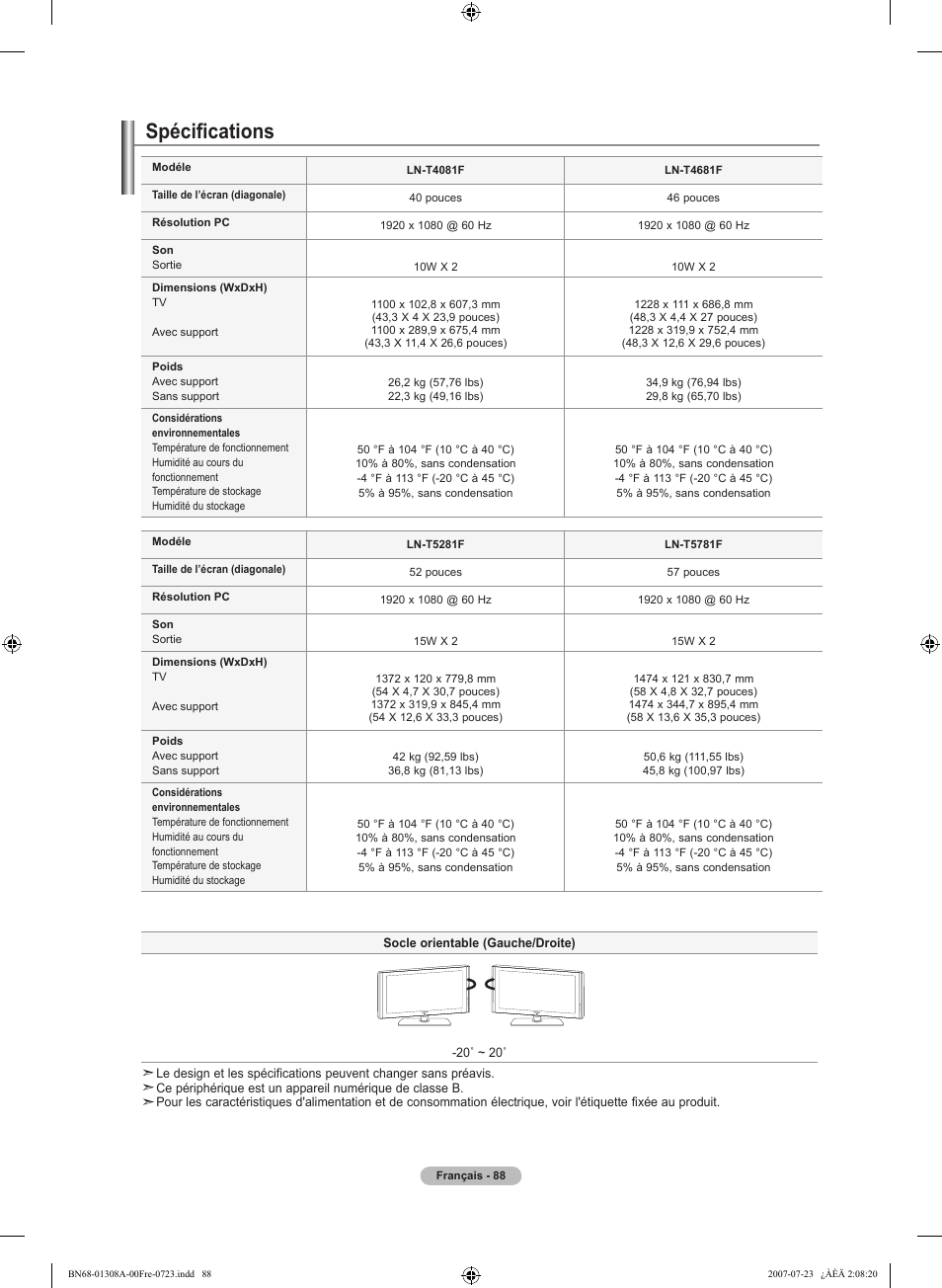 Spécifications | Samsung LNT4081FX-XAA User Manual | Page 184 / 283
