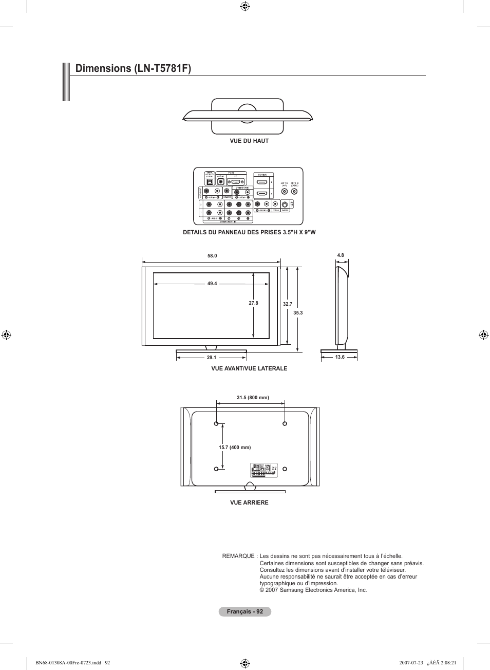 Dimensions (ln-t781f) | Samsung LNT4081FX-XAA User Manual | Page 188 / 283