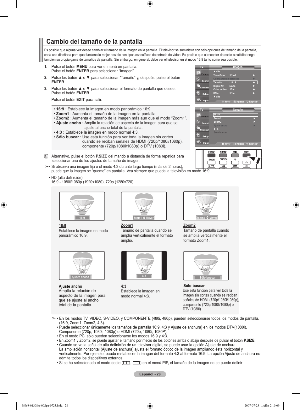 Cambio del tamaño de la pantalla | Samsung LNT4081FX-XAA User Manual | Page 218 / 283