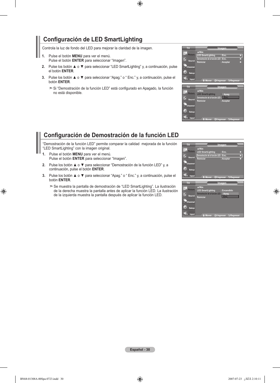 Configuración de led smartlighting, Configuración de demostración de la función led | Samsung LNT4081FX-XAA User Manual | Page 220 / 283