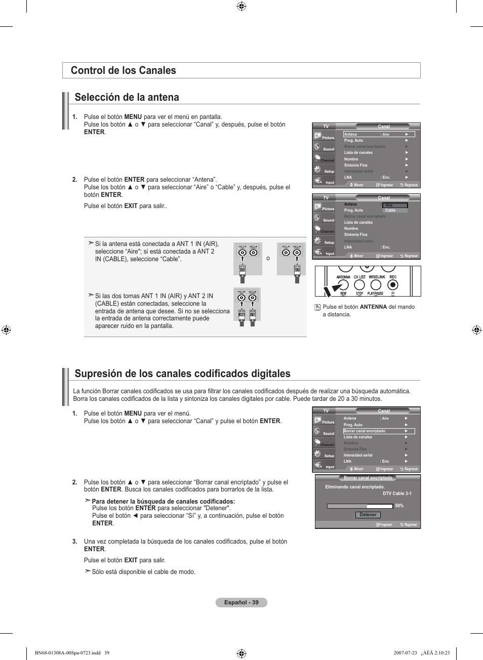 Control de los canales selección de la antena, Supresión de los canales codificados digitales | Samsung LNT4081FX-XAA User Manual | Page 229 / 283