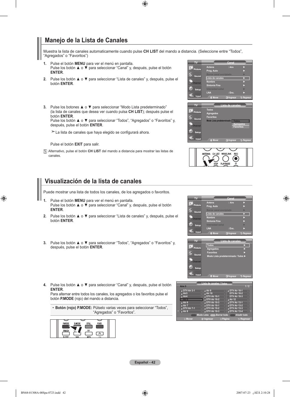 Manejo de la lista de canales, Visualización de la lista de canales | Samsung LNT4081FX-XAA User Manual | Page 232 / 283