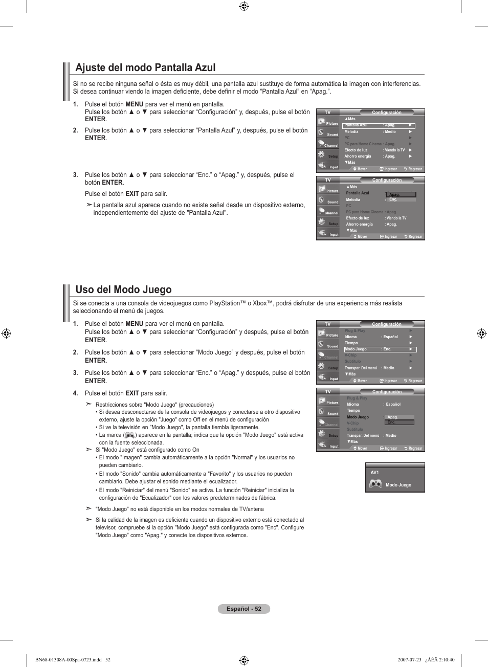 Ajuste del modo pantalla azul, Uso del modo juego | Samsung LNT4081FX-XAA User Manual | Page 242 / 283