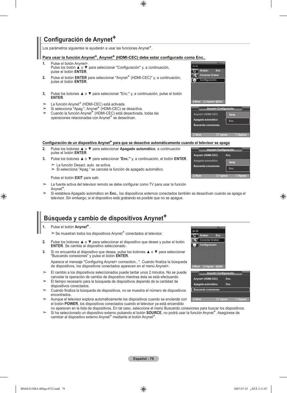 Configuración de anynet, Búsqueda y cambio de dispositivos anynet | Samsung LNT4081FX-XAA User Manual | Page 269 / 283